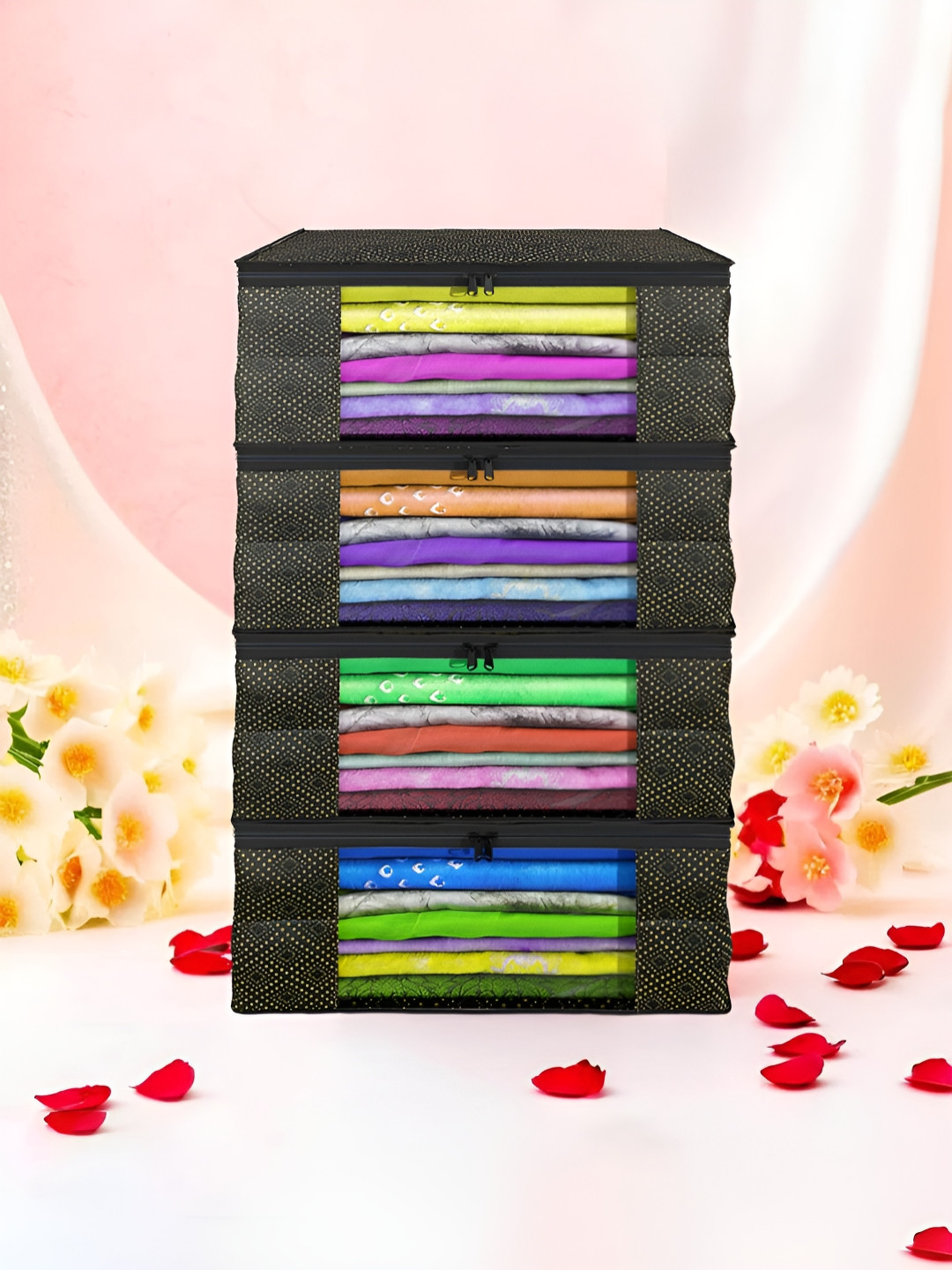 Aura Black 4 Pieces Non-Woven Saree Cover 9 Inch Clothes Bag