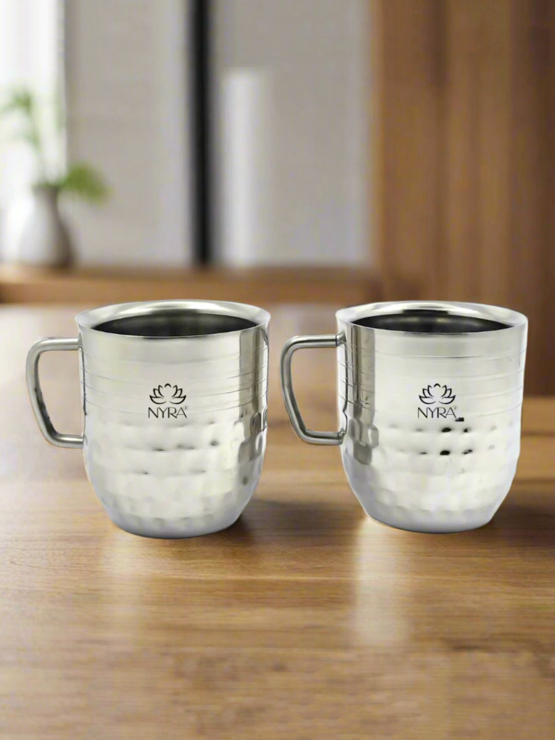 Nyra Kitchenware Lion Face Steel Typography Stainless Steel Dishwasher Safe 2 Piece Mugs-270ml