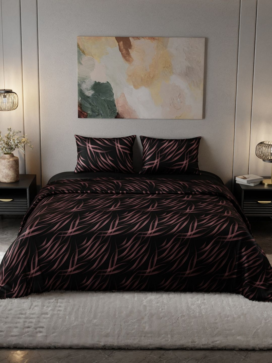 Stoa Paris Noir Black & Pink Printed AC Room 150 GSM Satin Double Bed Comforter