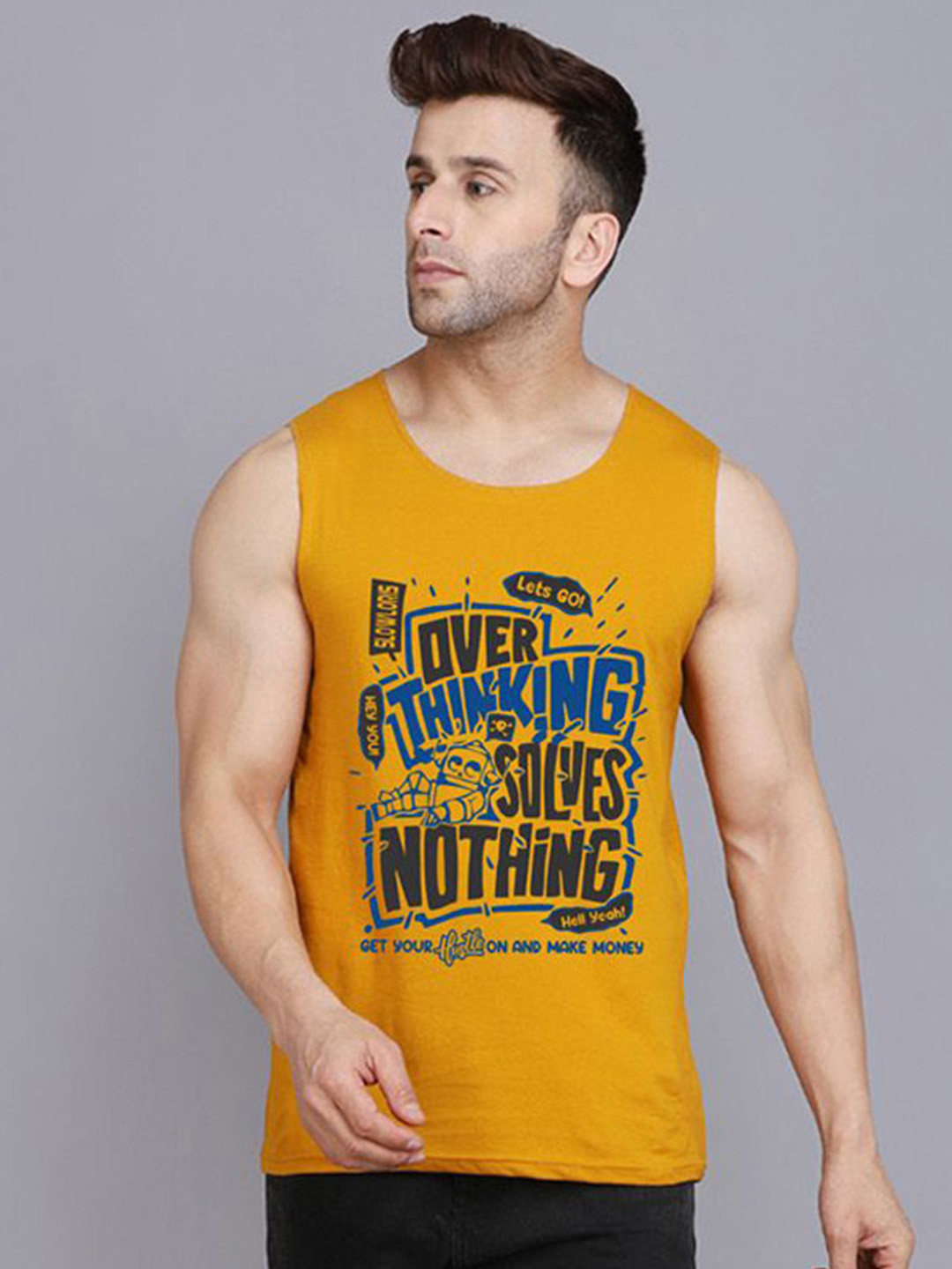 SLOWLORIS Printed Super Combed Cotton Gym Vest VSL26 OVRTNK MUSTARD