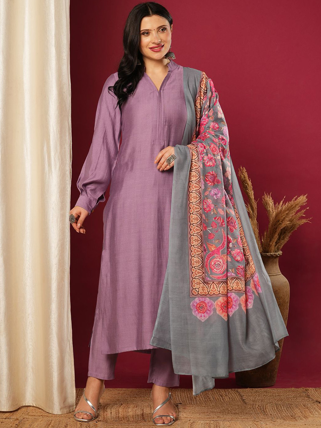 Anni Designer Mandarin Collar Puffed Sleeves Straight Kurta Trousers & Dupatta