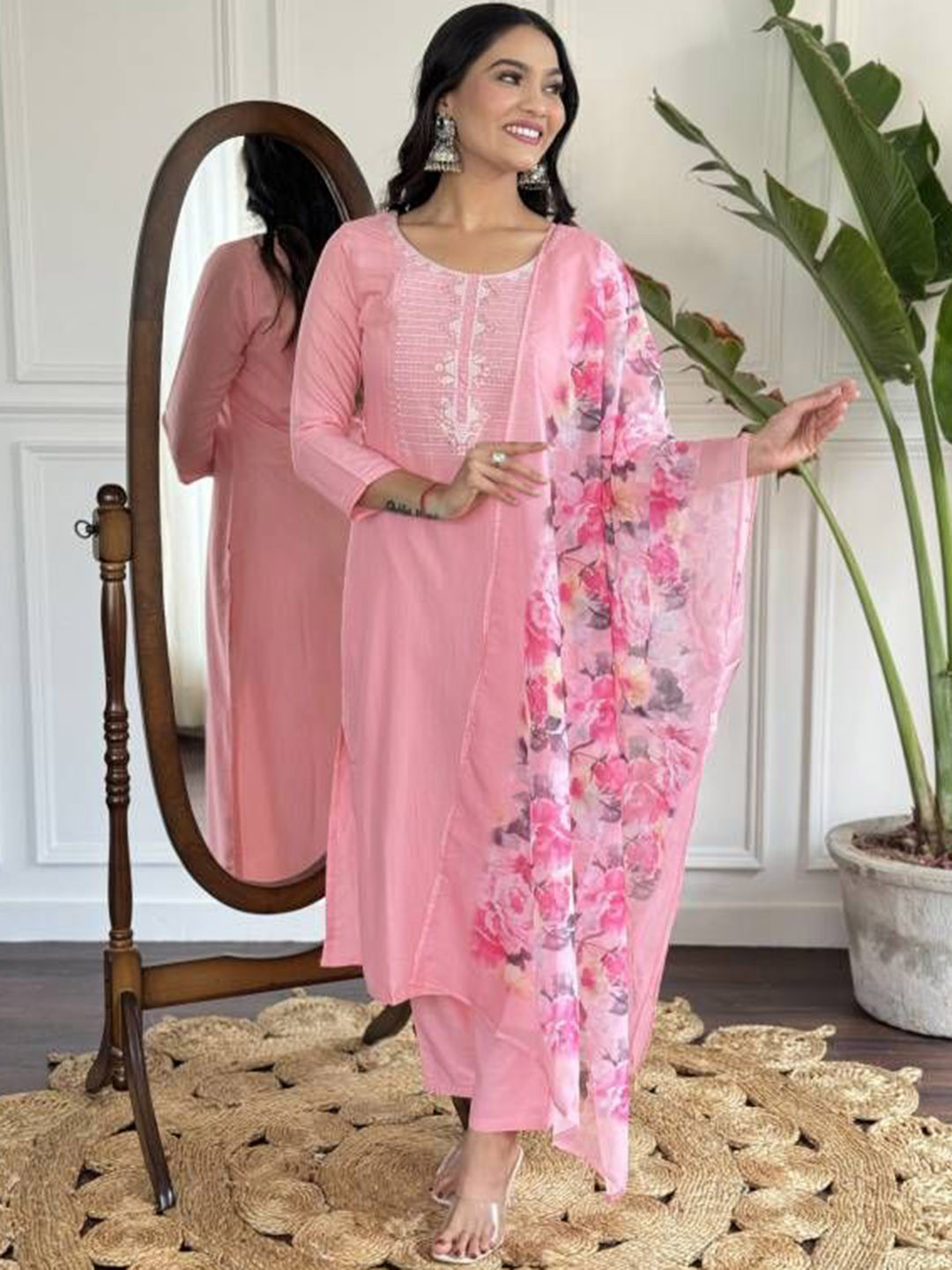 BAESD Floral Yoke Design Round Neck Staright Kurta With Trousers & Dupatta