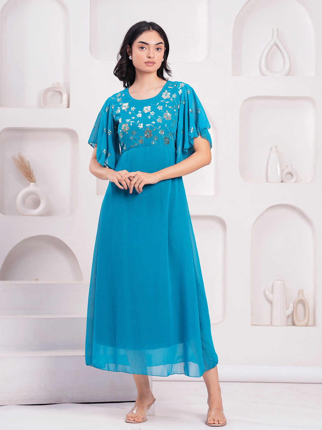 OH MI DIOS Women Flared Sleeves A-Line Midi Dress