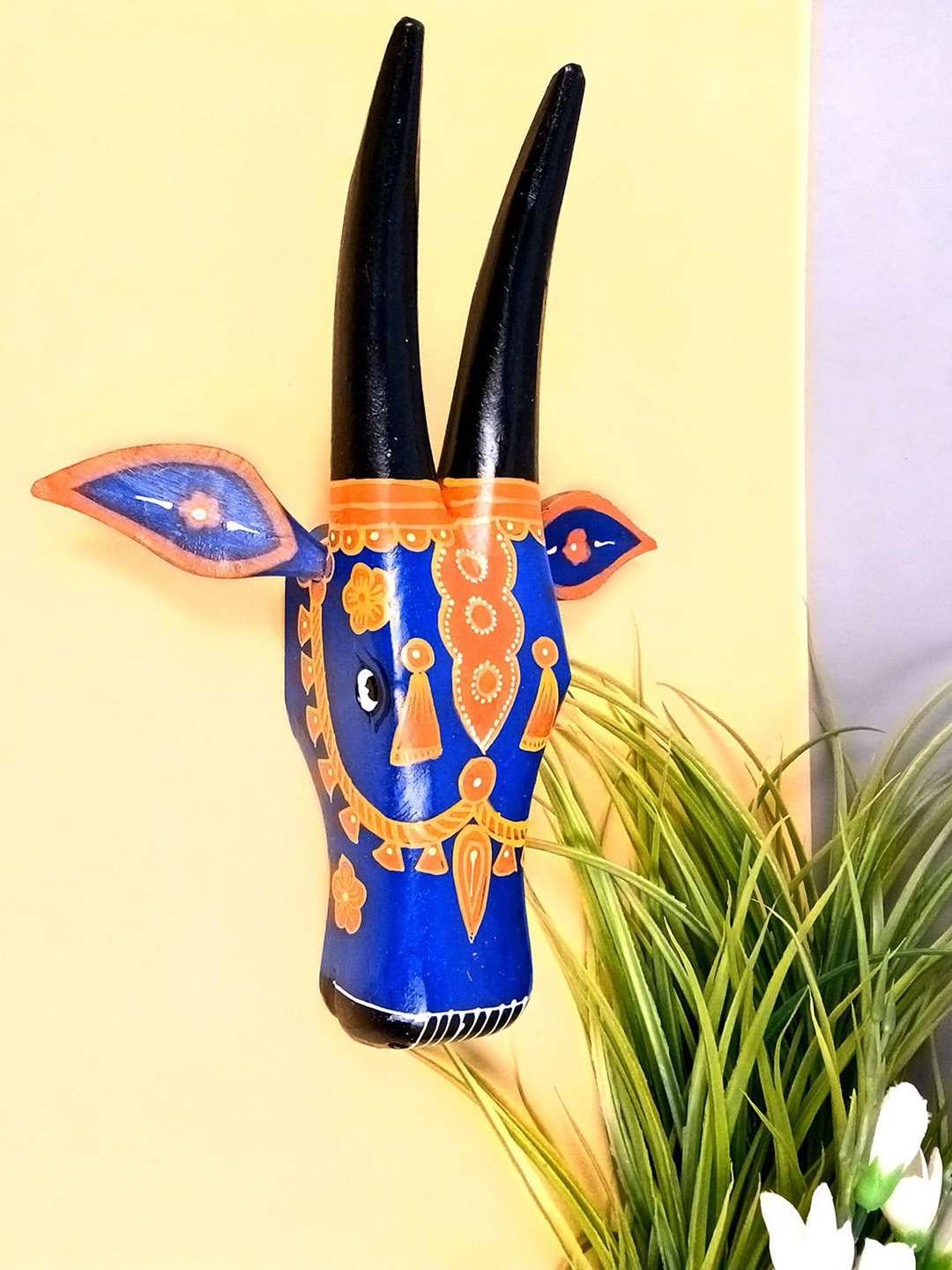 apka mart Blue & Red Printed Cow Head Hanging Wooden Wall Decor
