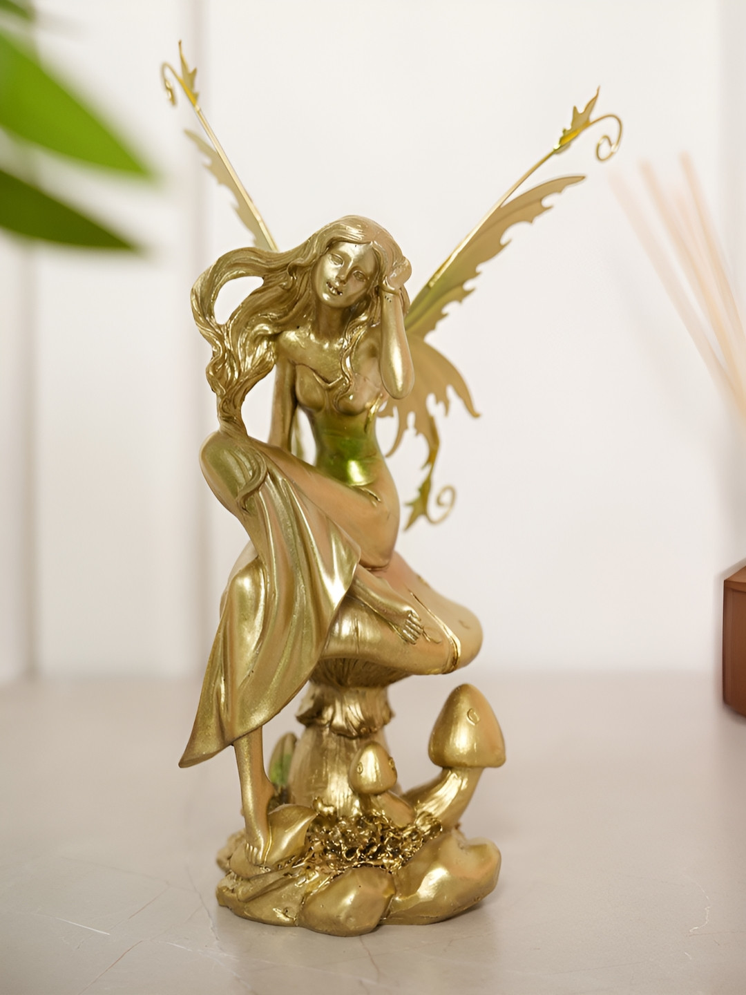 HOME 360 Fantasy Fairy and Mushroom Gold Polyresin Natural Living Room Large Showpiece - 3.5 Inches