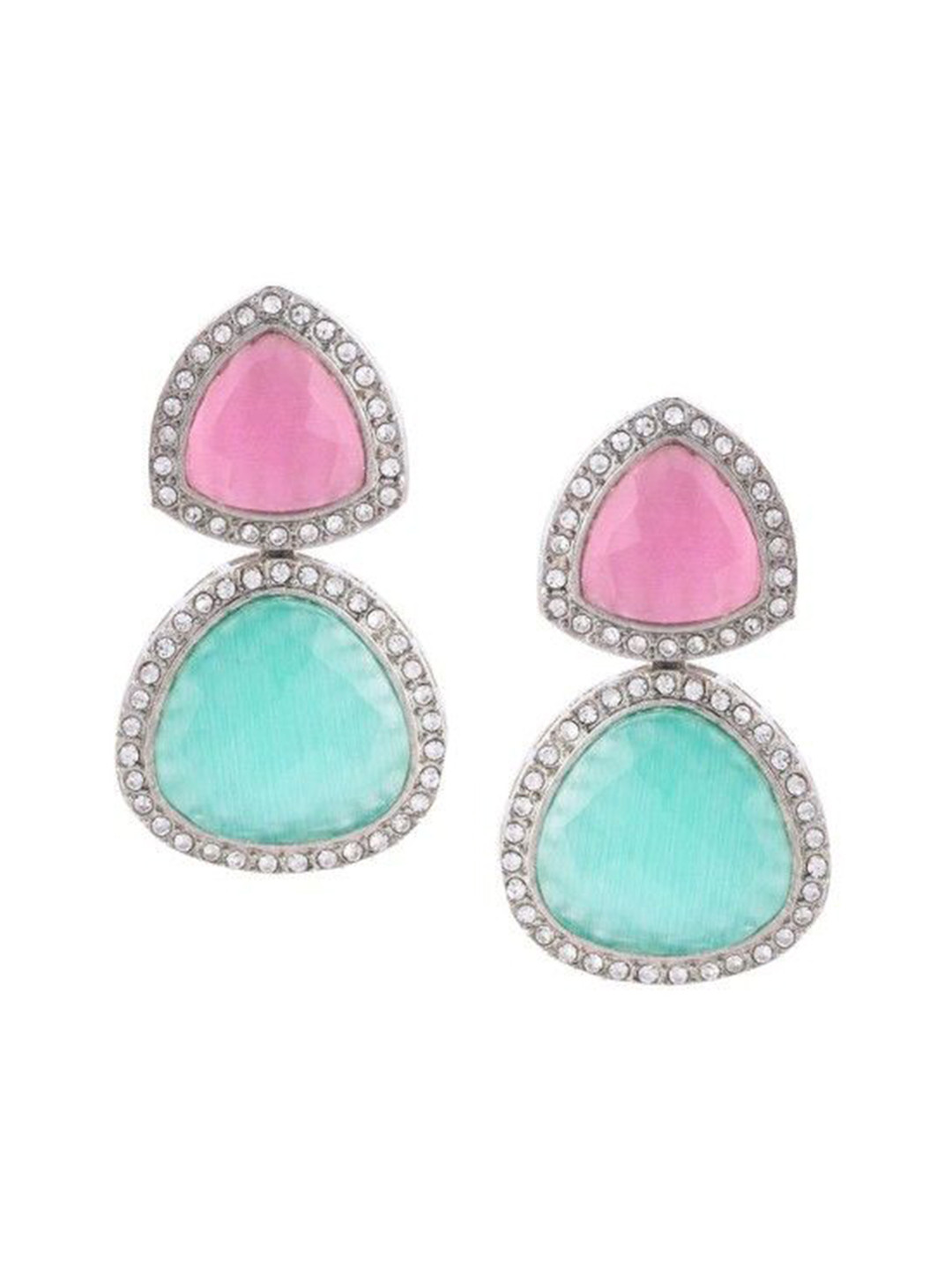 Sangria Silver Plated American Diamond Studded Teardrop Shaped Dangle Drop Earrings