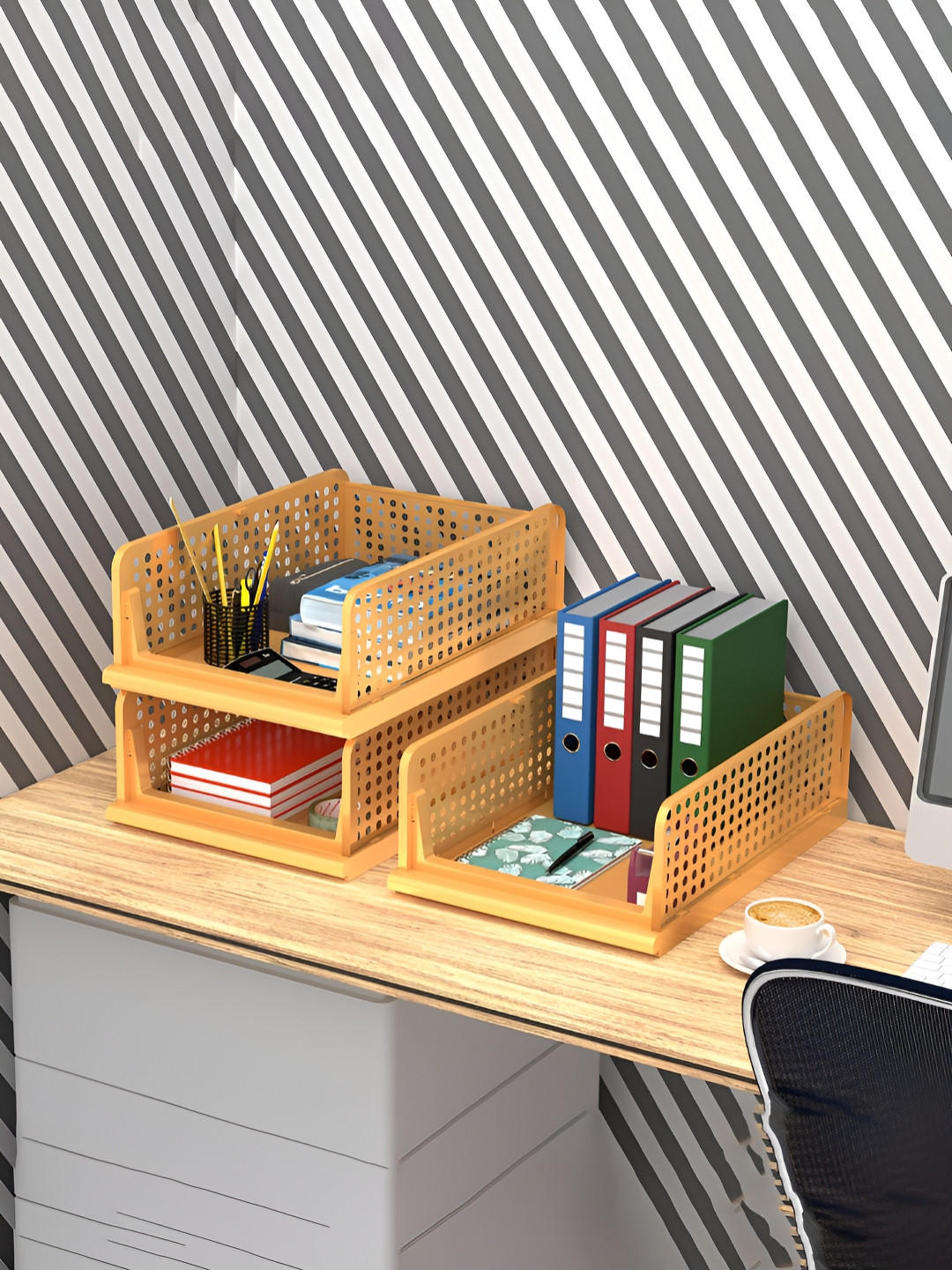 Aura Cream-Coloured 3 Pieces Plastic Office Storage Box Office Desk Organisers