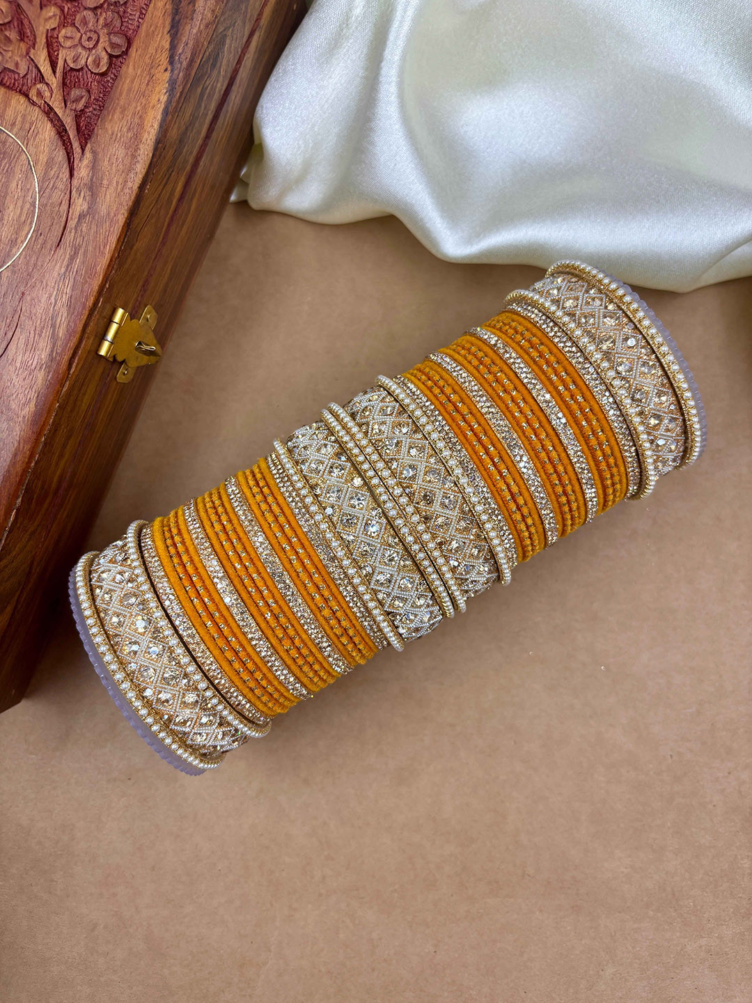 Wedding Chuda by Hitesh Ban Set of 52 Yellow and Golden Zari-Styled Rajwadi Chuda