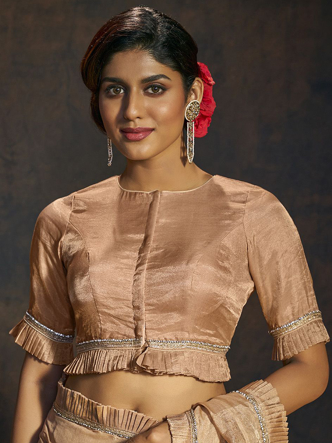 SALWAR STUDIO Embroidery Boat Neck Ruffle Sleeves Readymade Padded Saree Blouse