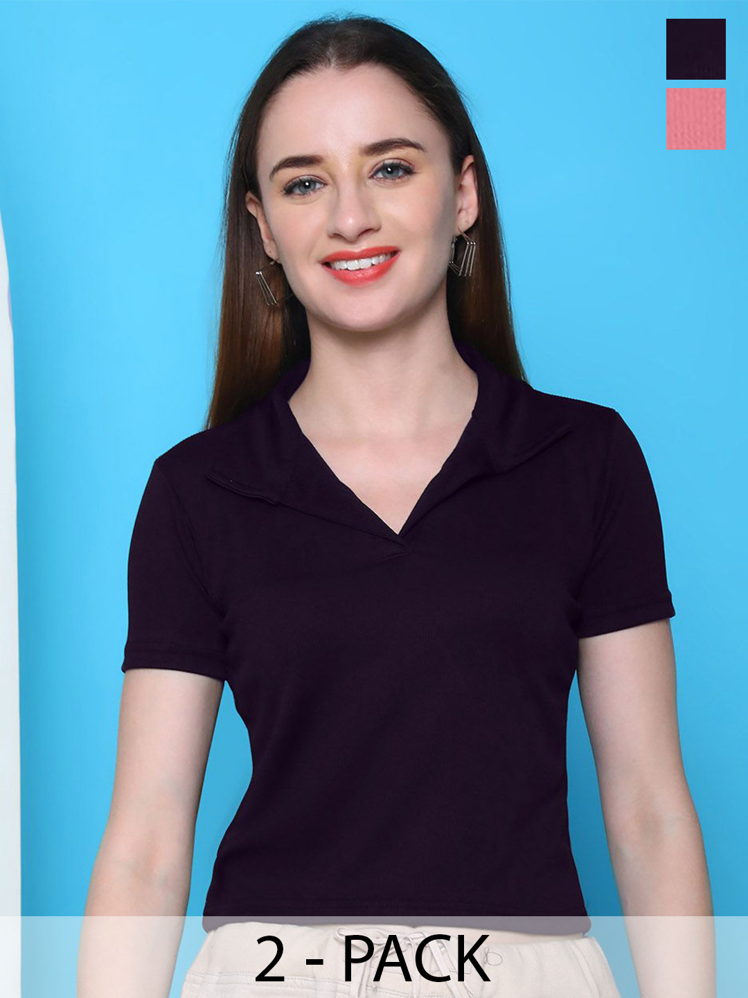 Tromko Women Pack OF 2 Ribbed Collar V Neck Fitted Crop Top
