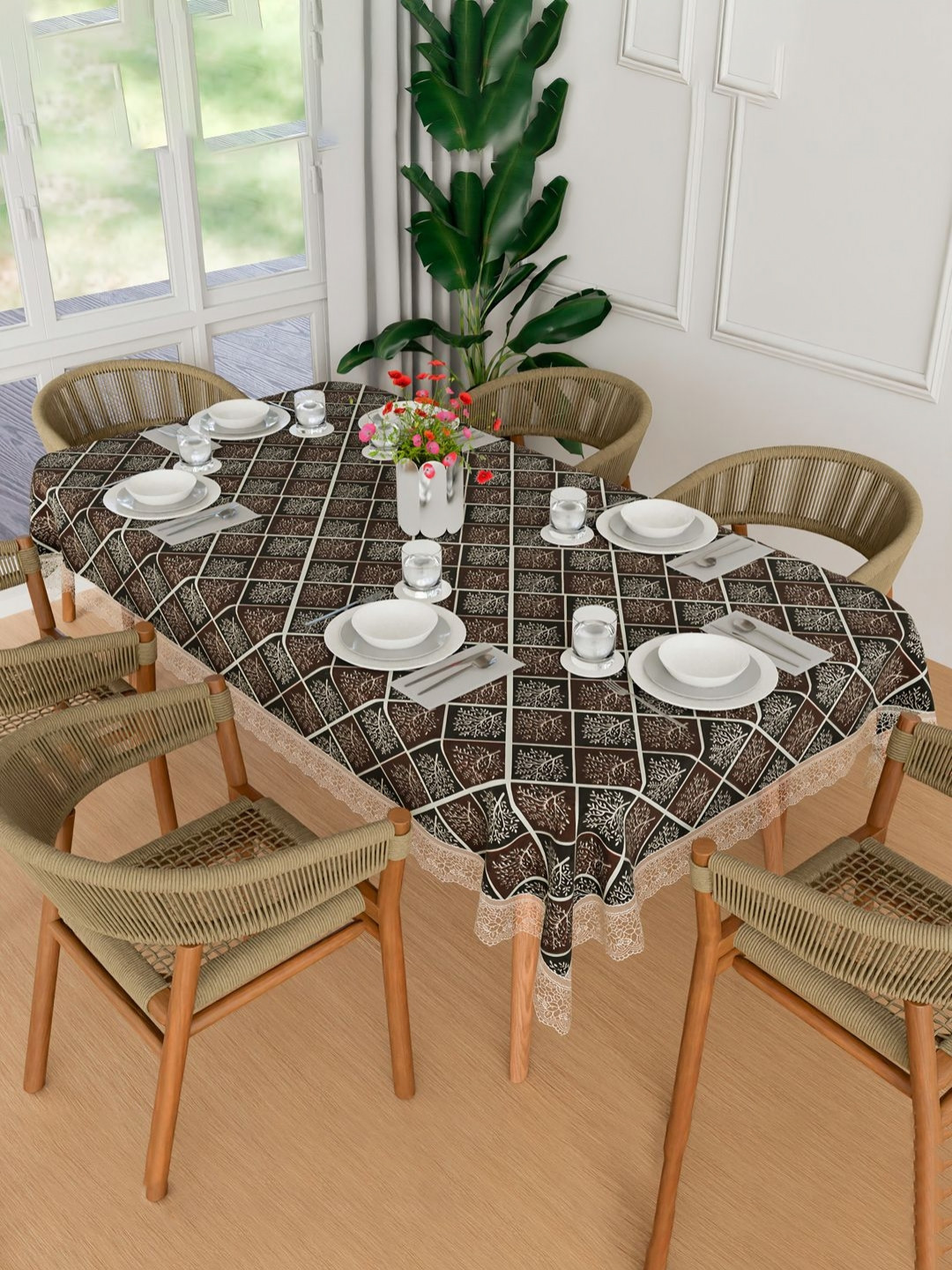 Aura Black Ethnic Printed Waterproof 6-Seater Rectangle 1.52 m x 2.3 m PVC Table Cover