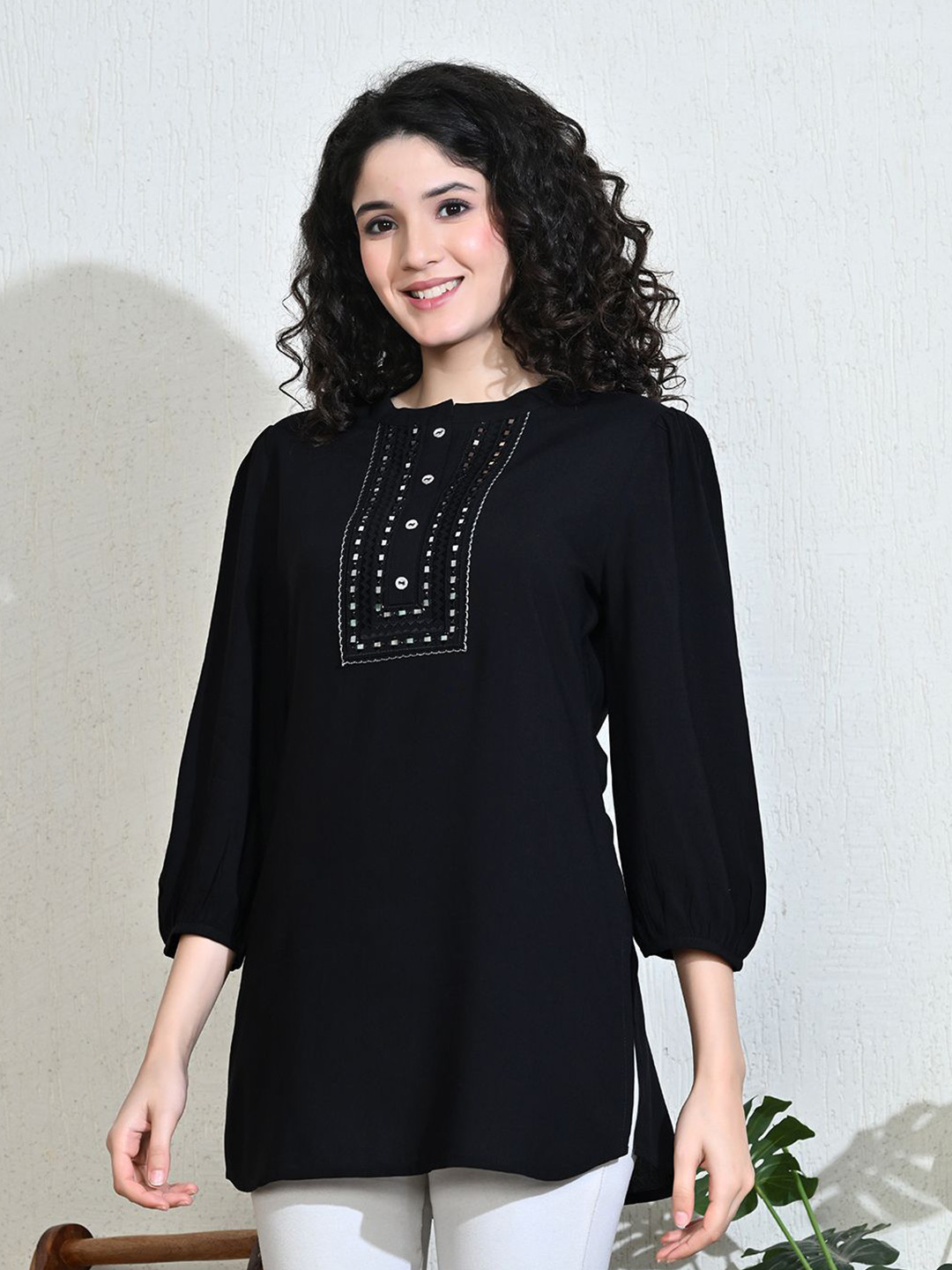 MEESAN Viscose Rayon Mandarin Collar Embroidered Tunic