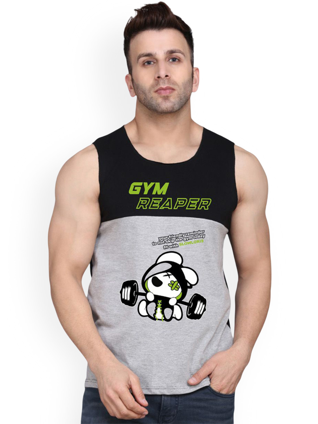 SLOWLORIS Men Printed Super Combed Cotton Gym Vest VSL26 GYM BLACKGREY
