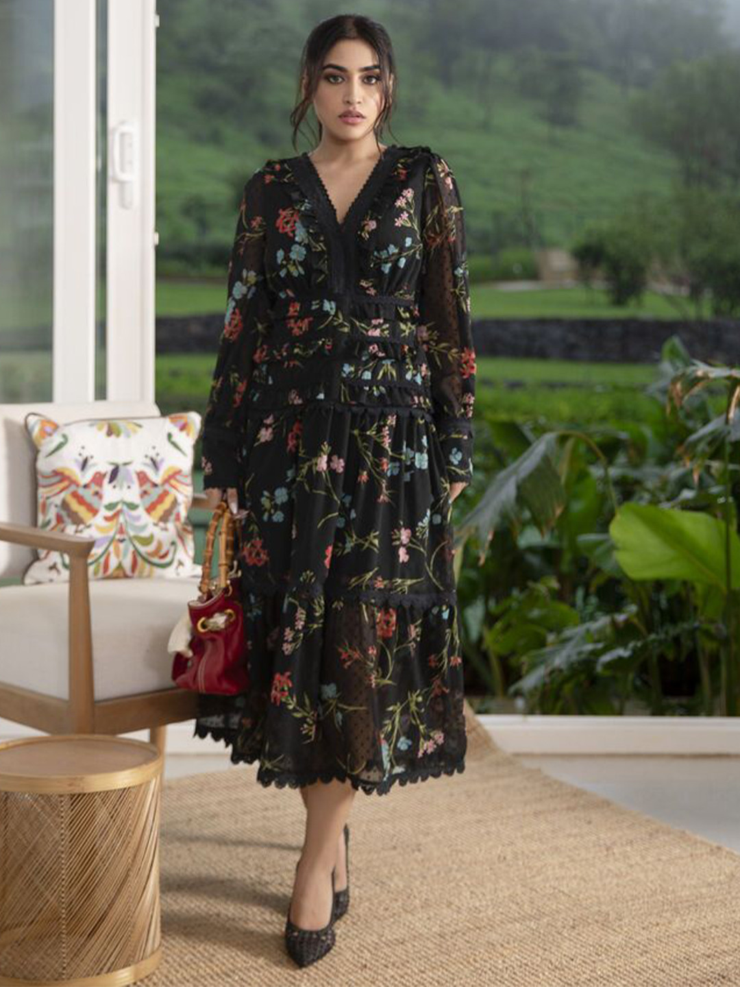 Eleven.O.One Women Floral Printed V-Neck Midi Fit & Flare Dress