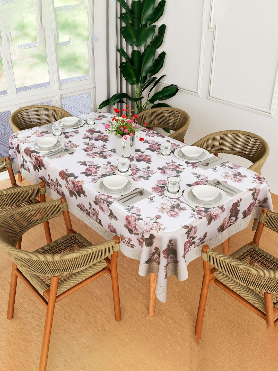 Aura White Floral Waterproof 6-Seater Rectangle 1.52 m x 2.3 m Table Cover