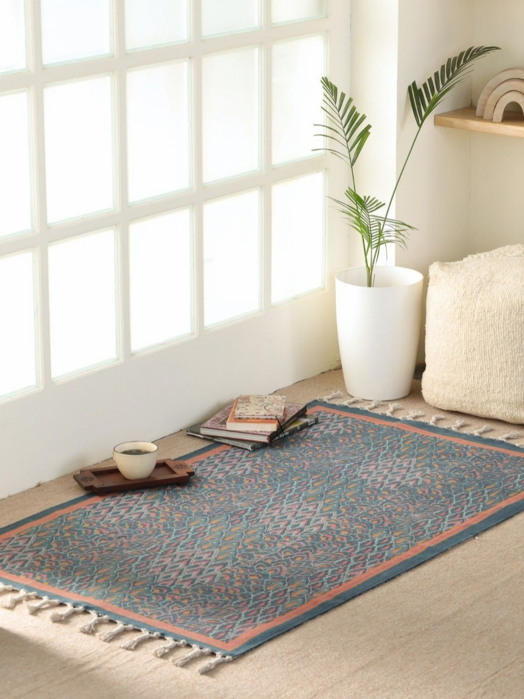 Peepul Tree Navy Blue Ethnic Motifs Handmade Cotton Carpet