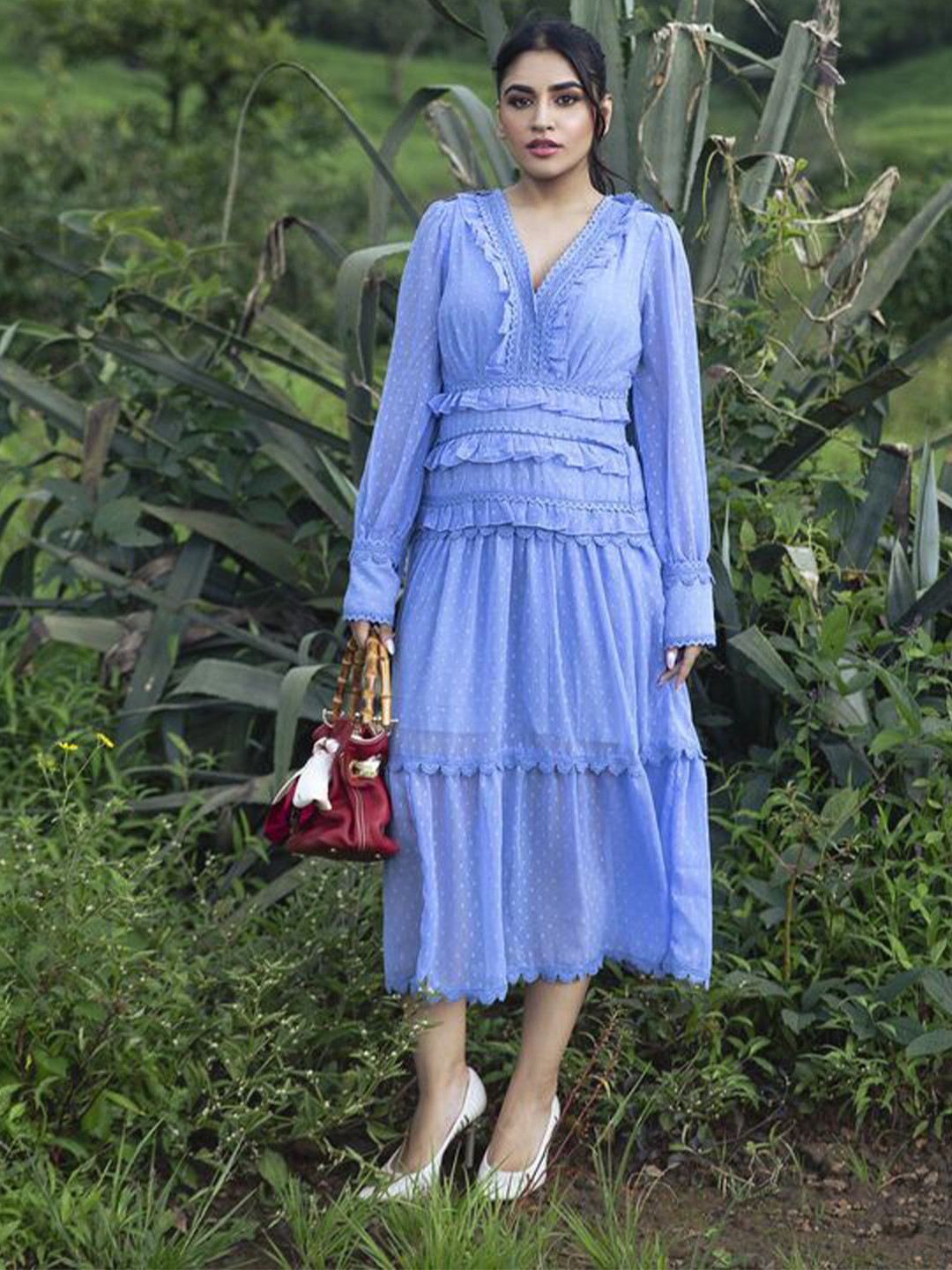 ELEVEN.O.ONE Ruffles Detail Georgette Fit and Flare Midi Dress