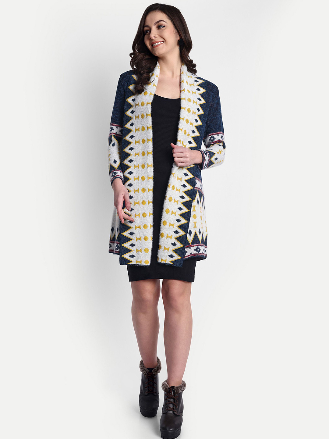 HAUTEMODA Geometric Woven Design Long Sleeves Open Front Woolen Shrug