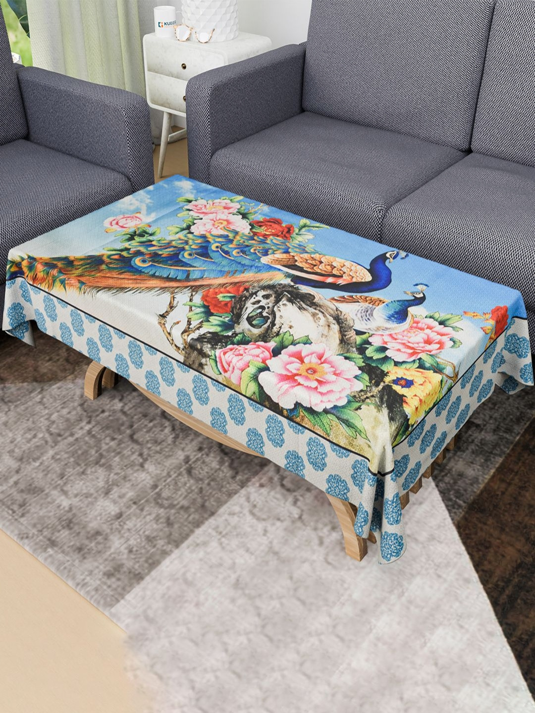 Aura Blue Mor Print Waterproof Cotton 4-Seater Cotton 9.8 m x 1.42 m Table Cover