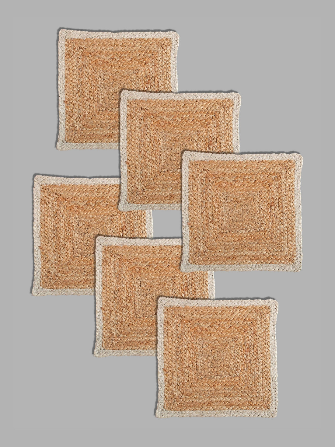 PAROKSH Brown & Beige 6Psc Braided Jute Reversible Square Table Placemats
