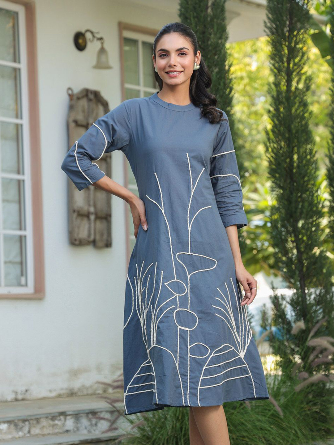 JISORA Women's Grey Printed Cotton Dress