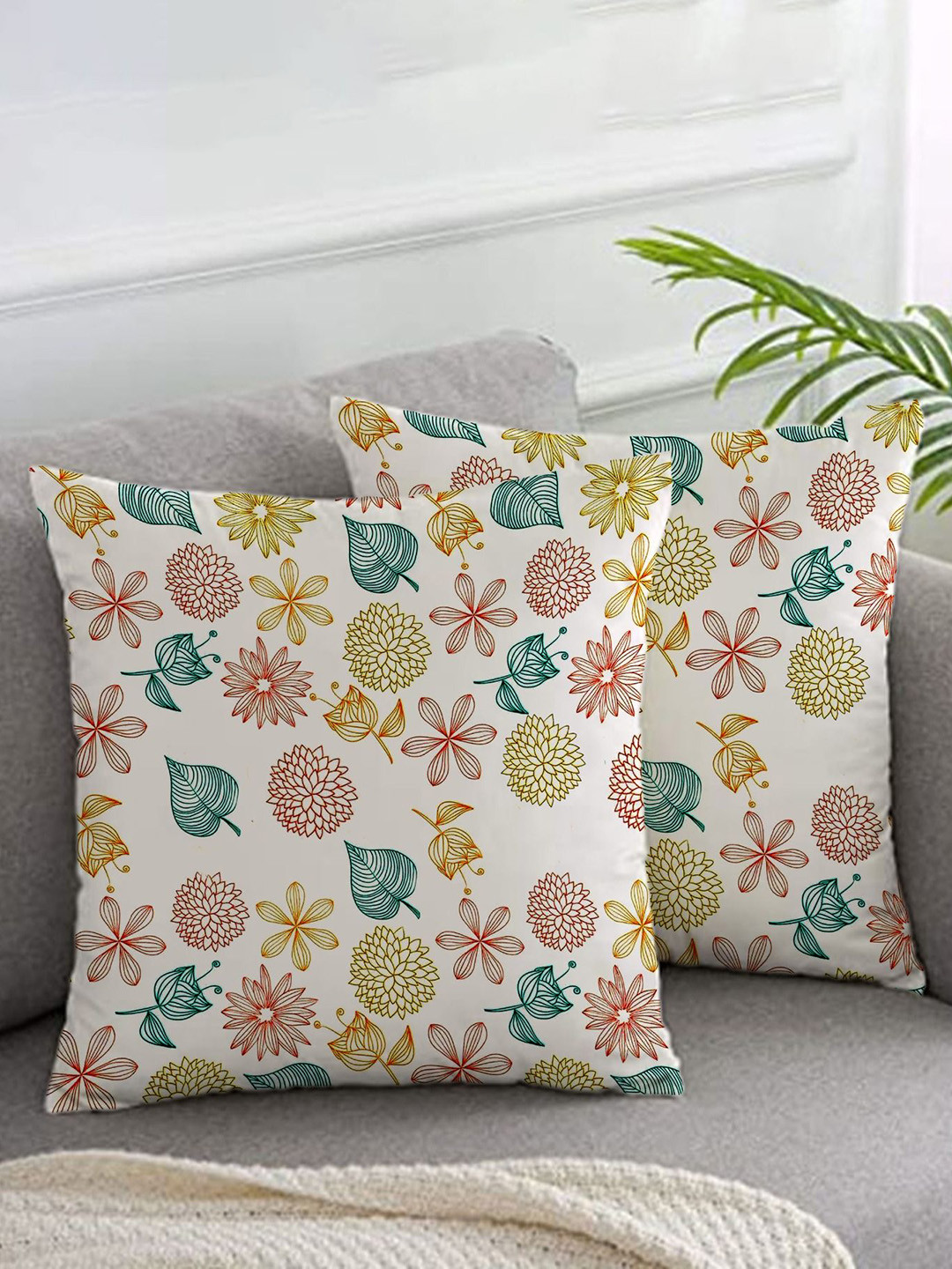 RAK DESIGNS White & Brown 2 Pieces Printed Canvas Cushion Covers