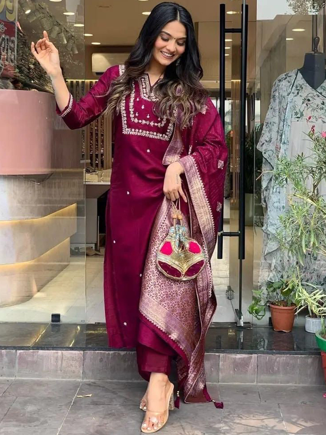 Aaysa Kurti Floral Embroidered Thread Work Pure Silk Straight Kurta With Trouser & Dupatta