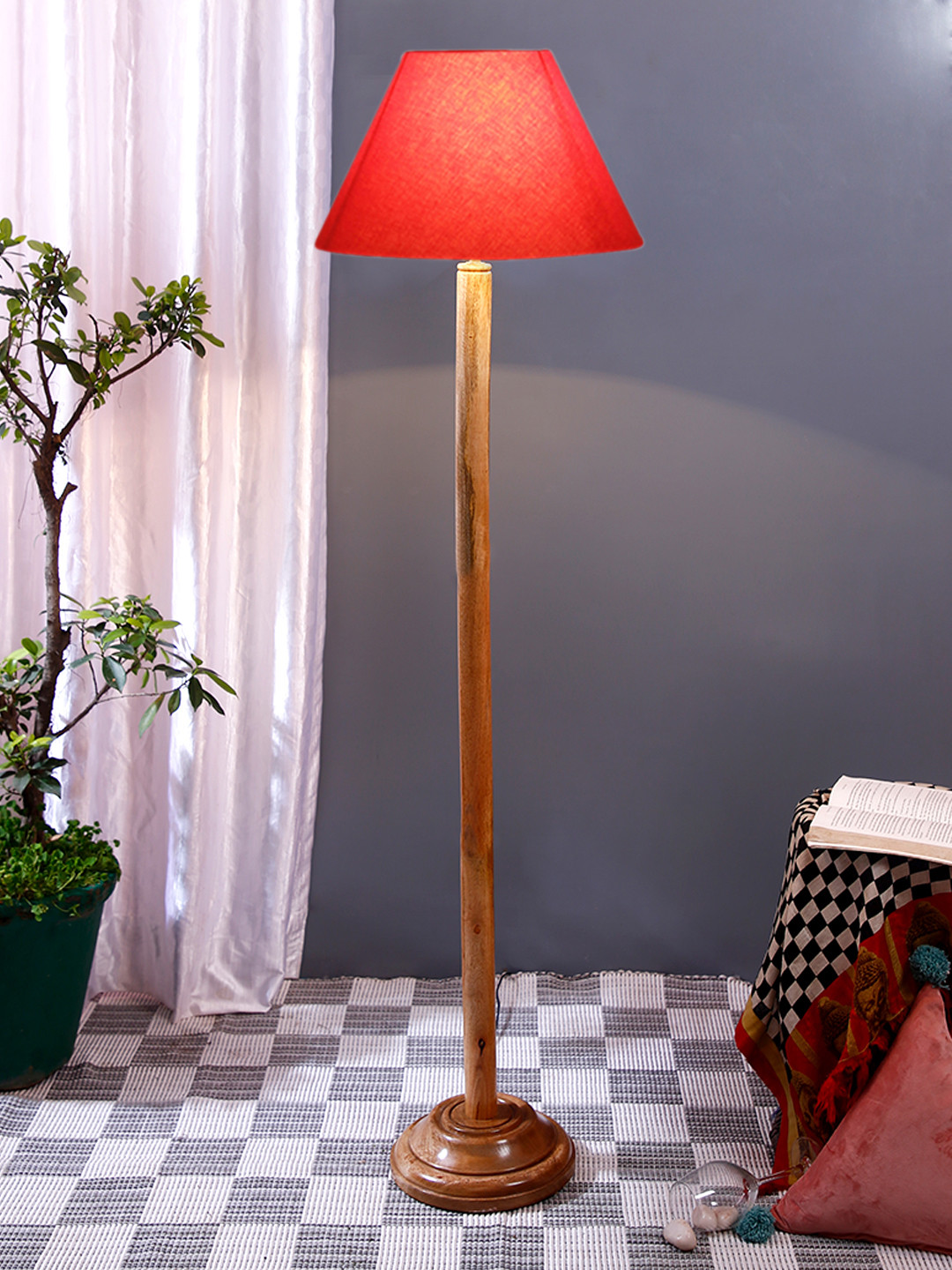 Devansh Brown & Orange Colored Wooden Frustum Shape Floor Lamp