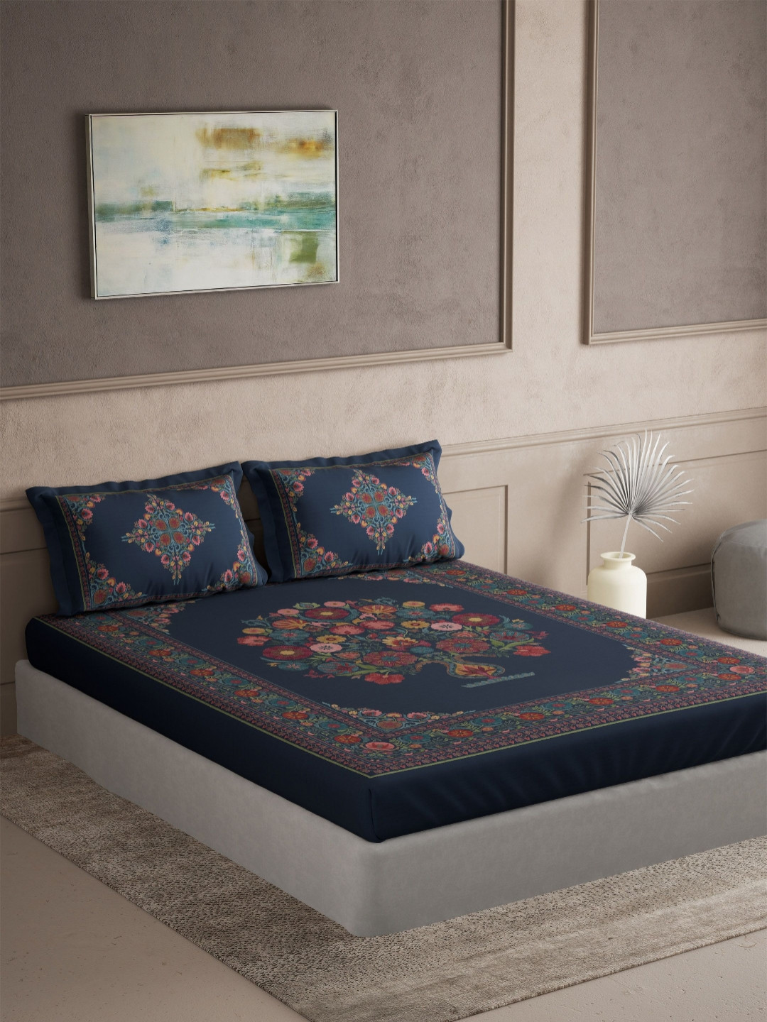 DDecor Virasat Blue & Red Floral Printed Cotton 145 TC King Bedsheet Set-2.74m x 2.74 m