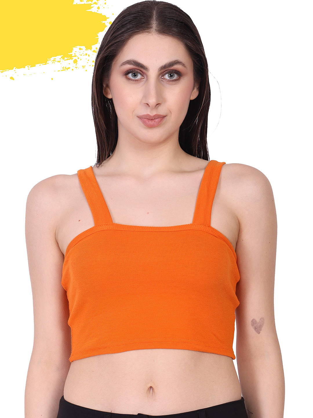 Moda Rapido Solid Orange Square Neck Crop Tank Top