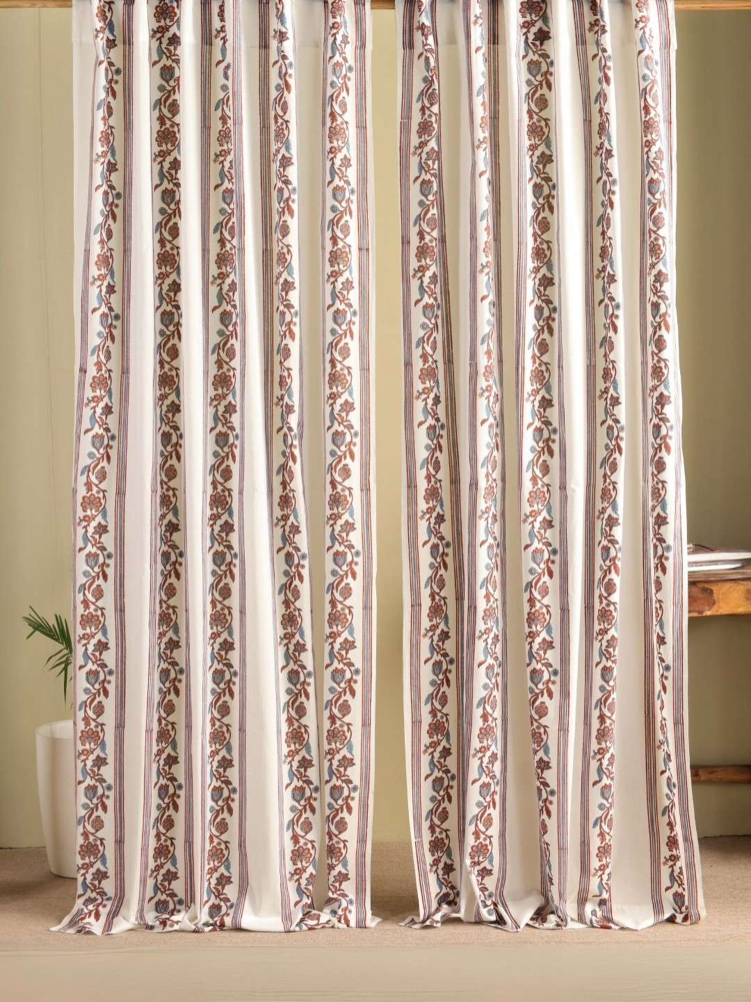 Peepul Tree Set of 2 Cream & Brown Cotton Floral Sheer Door Curtains -7ft