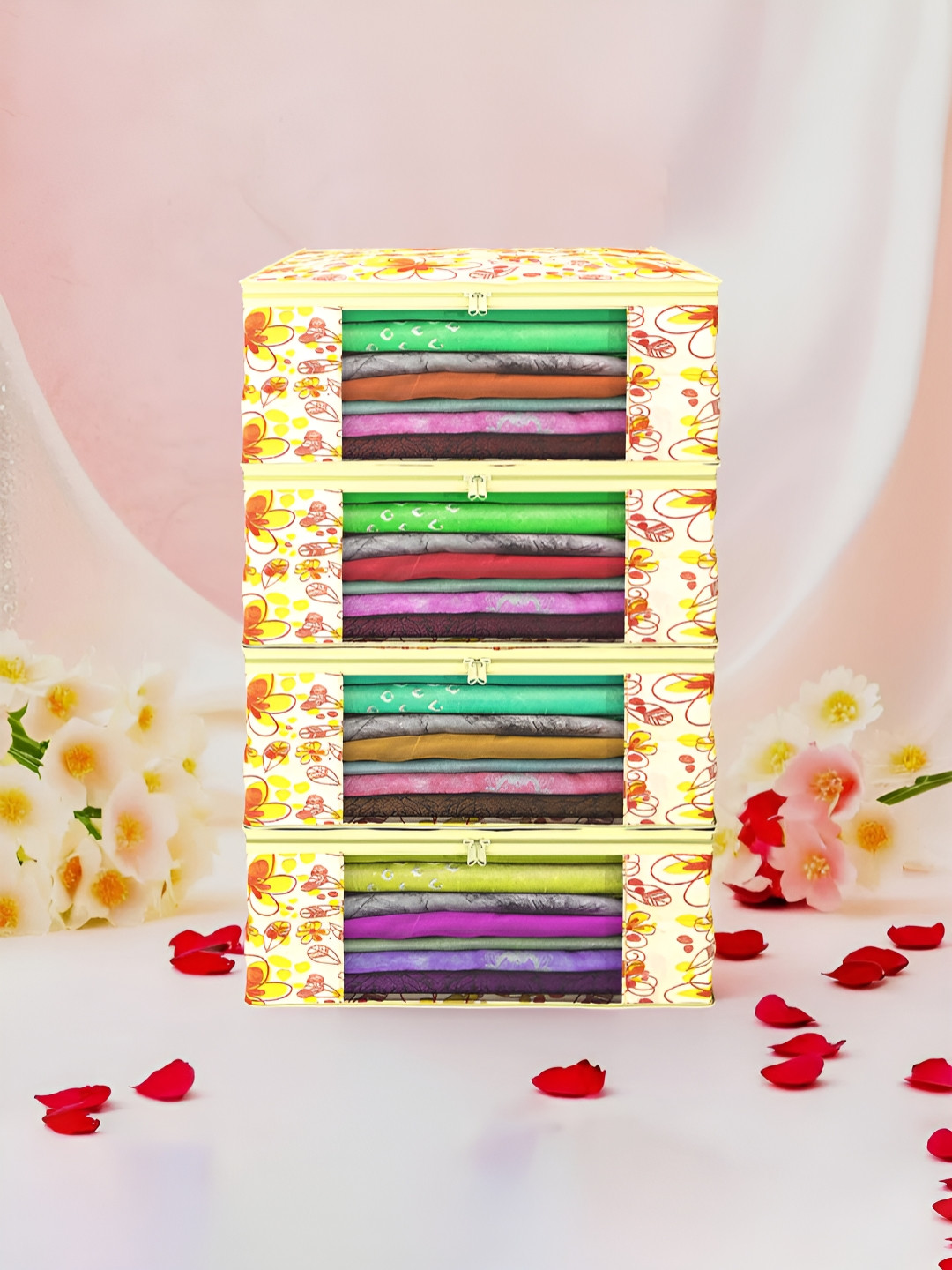 Aura Yellow 4 Pieces Non-Woven Saree Cover 9 Inch Clothes Bag