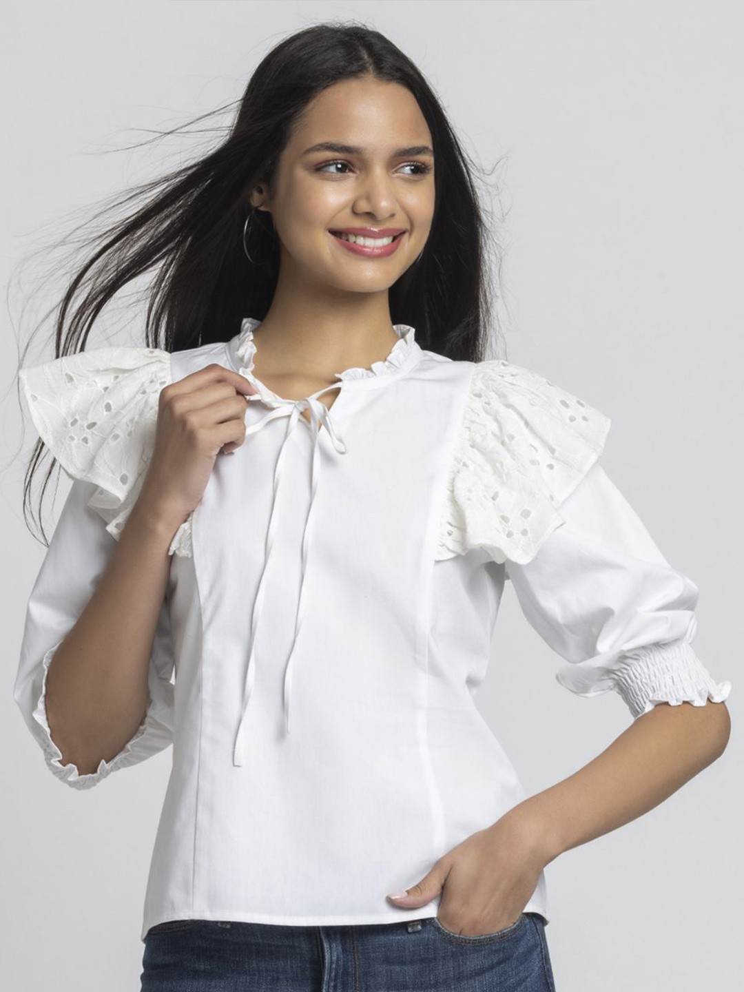 SHAYE Women White Schiffli Solid Round Neck Three-Quarter Sleeves Casual Tops
