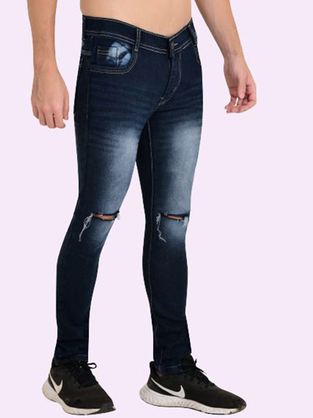 LINARIA Men Classic Mid-Rise Skinny Fit Slash Knee Heavy Fade Jeans