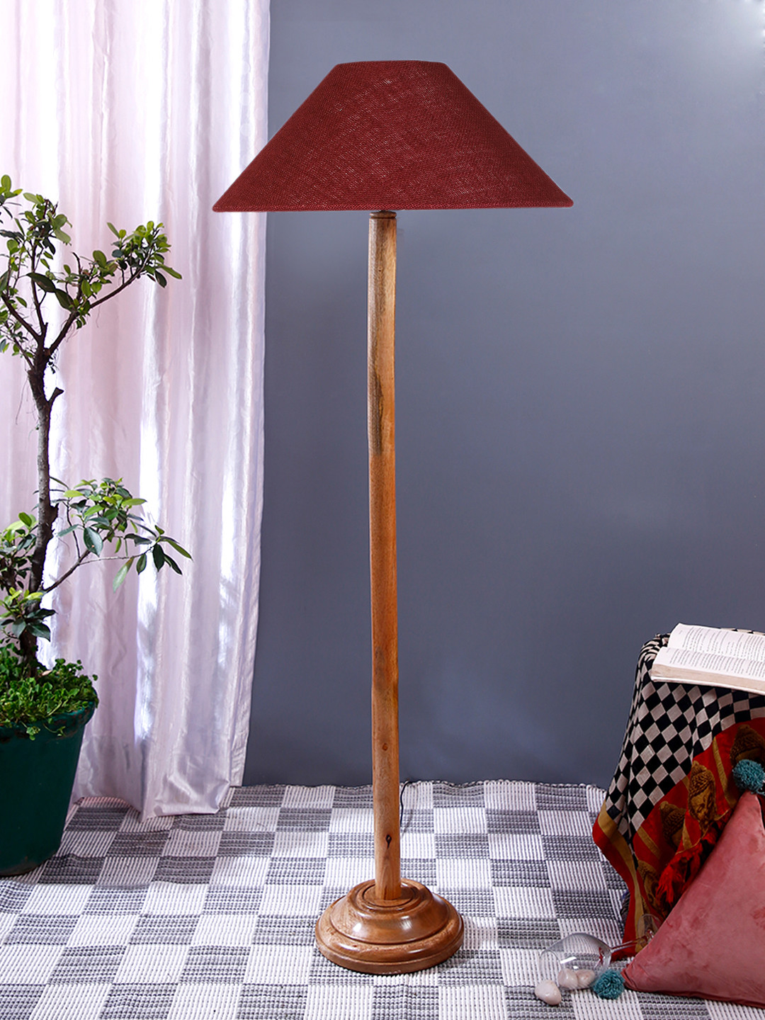 Devansh Maroon & Brown Jute Coolie Shade Wood Base Floor Lamps