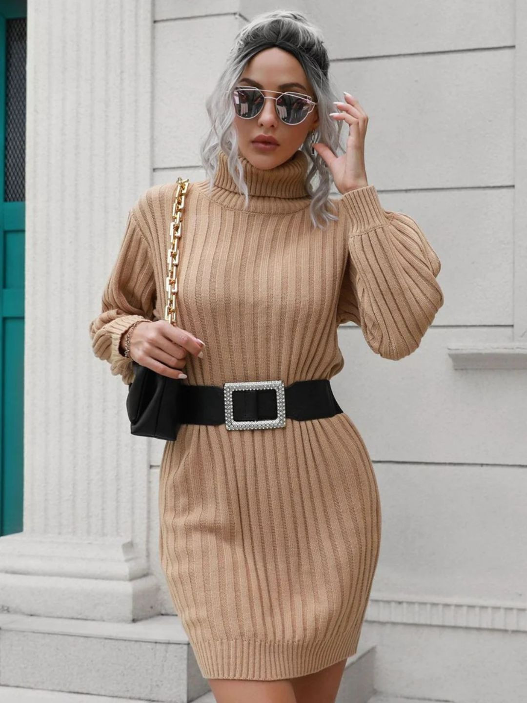 Oh Rare Women Striped High Neck Puff Sleeve Jumper Dress