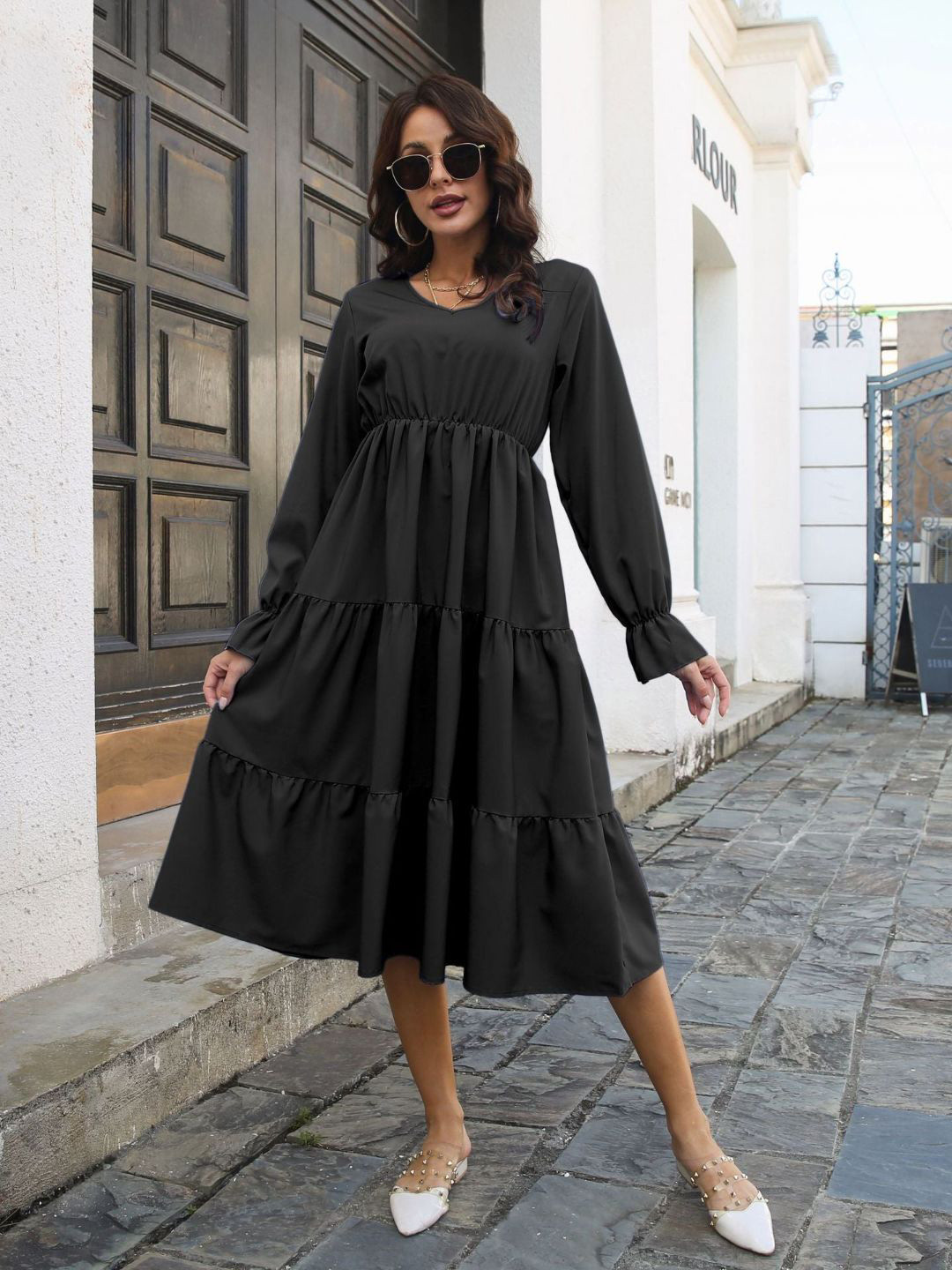 Oh Rare Solid Black Round Neck Fit and Flare Tiered Midi Dress