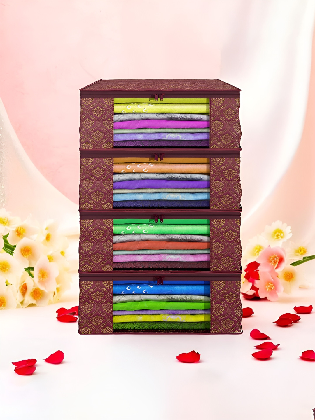 Aura Maroon & Gold Toned 4 Pieces Non-Woven Saree Cover 9 Inch Clothes Bag