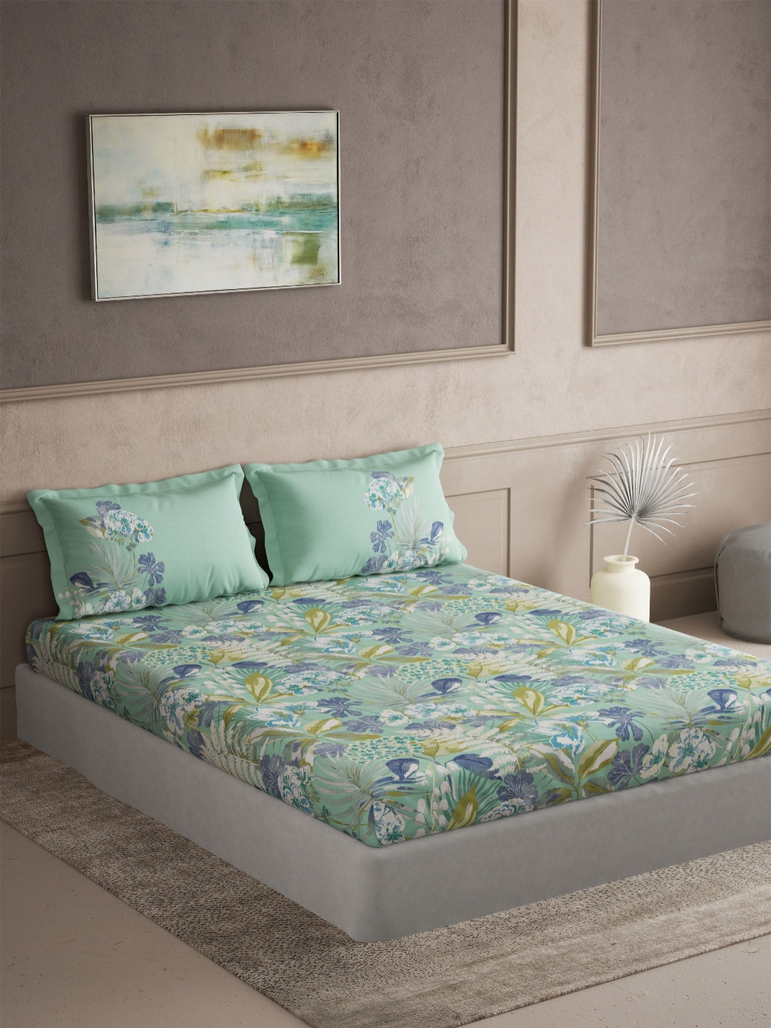 DDecor Elemental Green & White Floral Printed Cotton 145TC Queen Bedsheet Set 2.74 x 2.54m