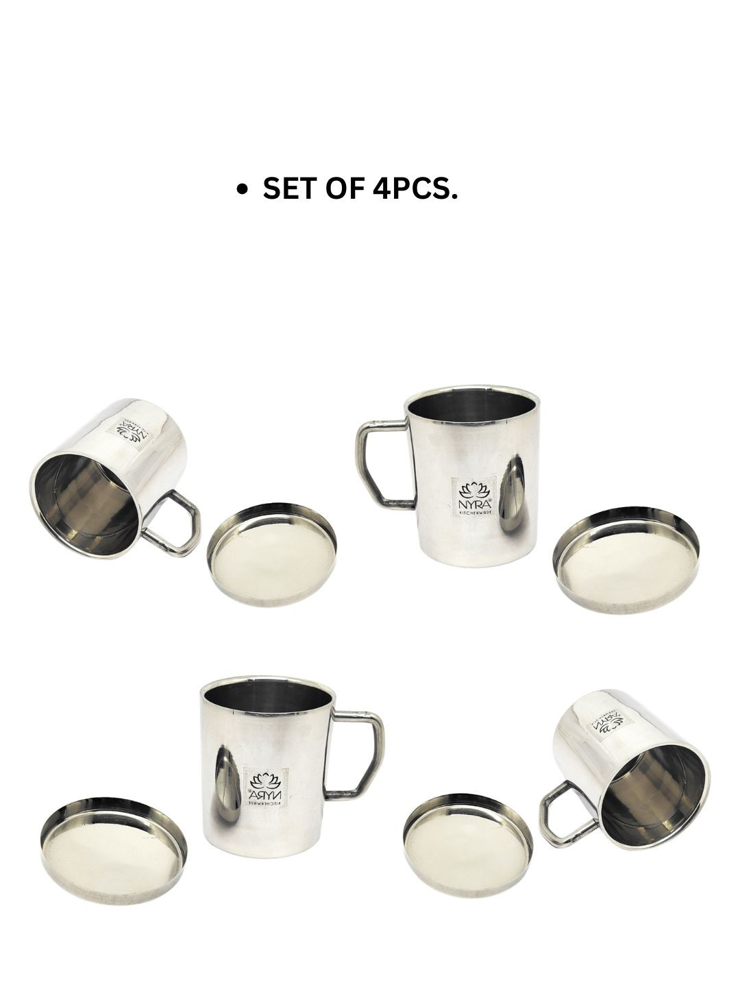 Nyra Kitchenware Omega Steel Typography Stainless Steel Dishwasher Safe 4 Piece Cup with Lid-300ml