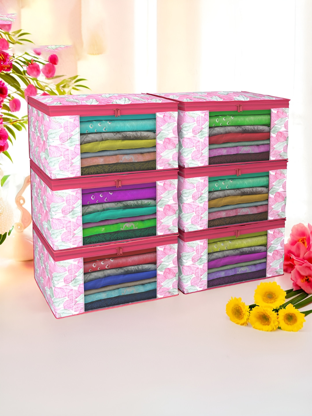 Aura Pink & White 6 Pieces Non-Woven Saree Cover 9 Inch Clothes Bag