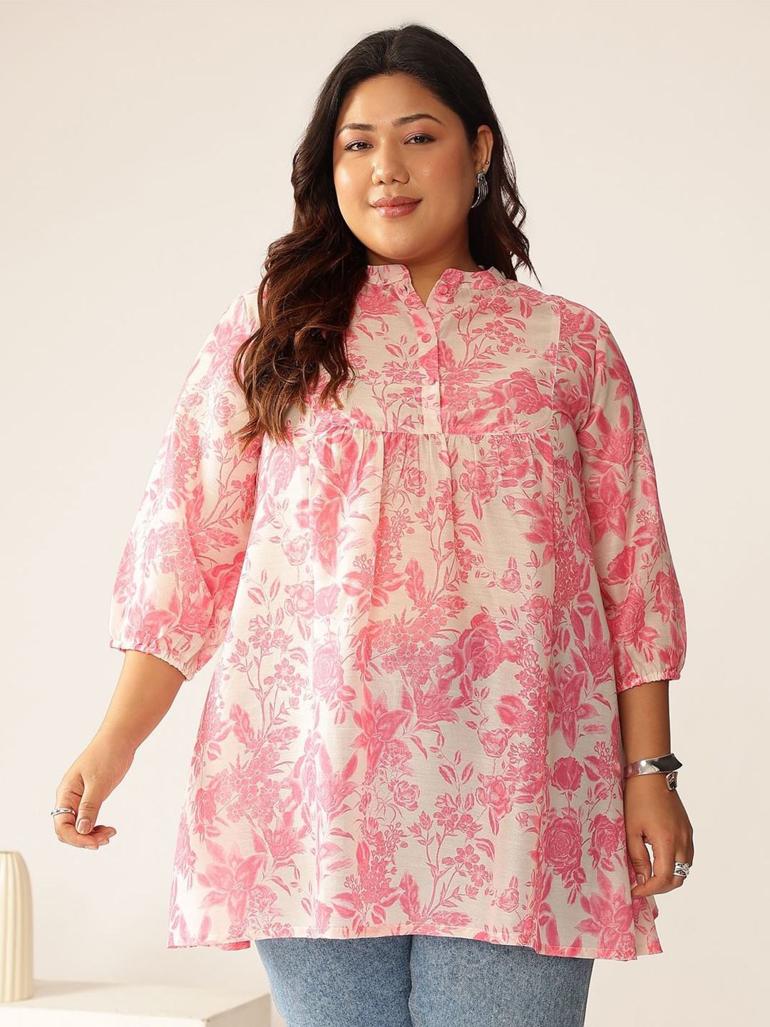 Janasya Women's Plus Size Pink Floral Printed A-line Tunic