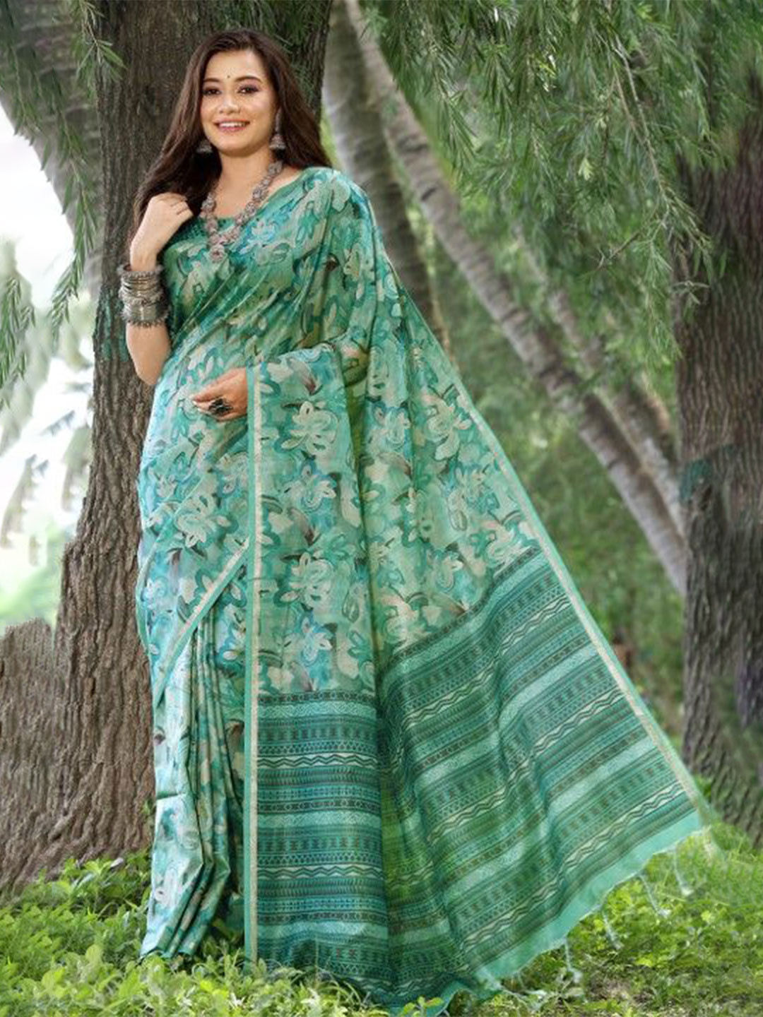 VISHNU WEAVES Stylish Floral Printed Zari Tussar Silk Saree