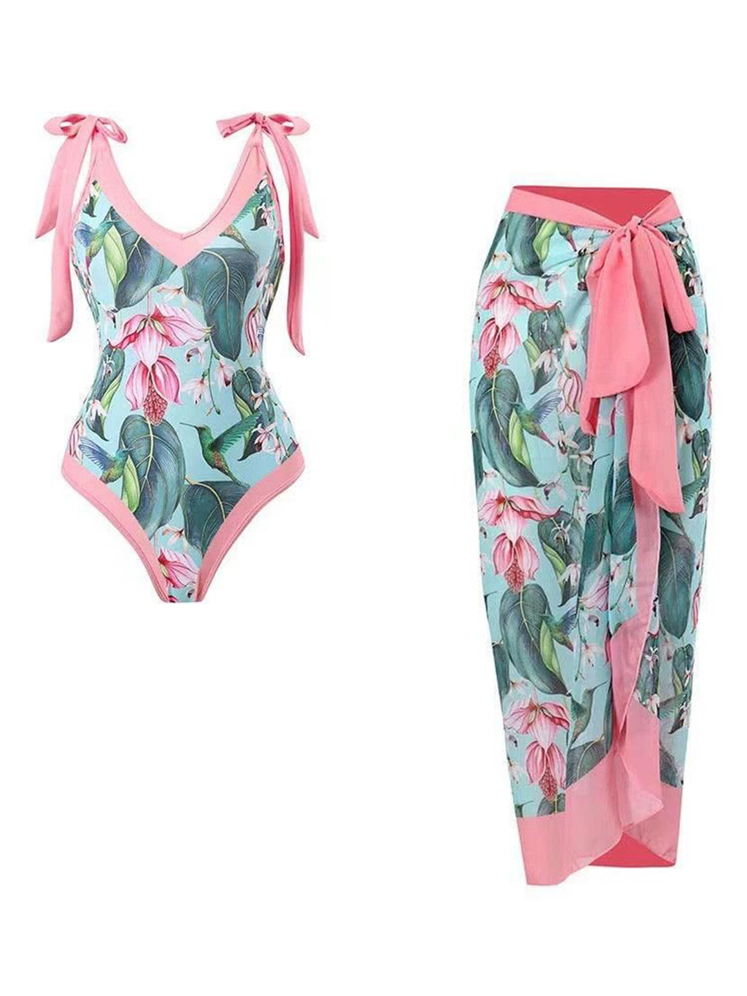 Miss Mosa By Akanksha  Women Pink, Green Plush Pink Swimsuit with Sarong