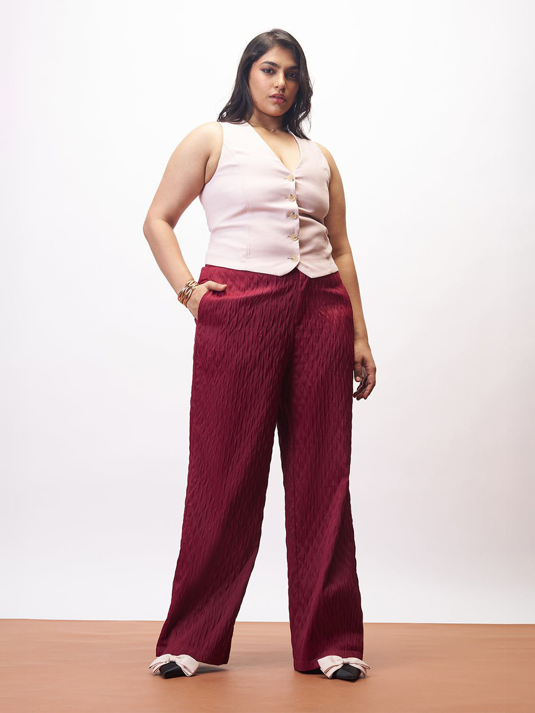 FREAKINS Women Rosy Glow Curve Textured Korean Pants