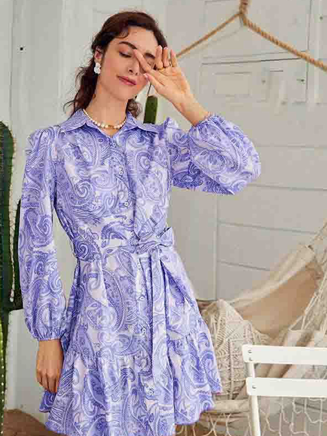 Purple Paisley Printed Mini Shirt Dress with Belt