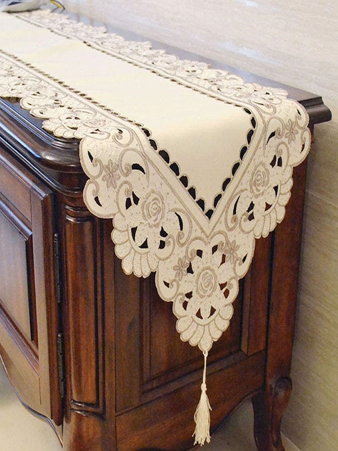 MONKDECOR Cream-Color & Brown Floral Embroidered Table Runner