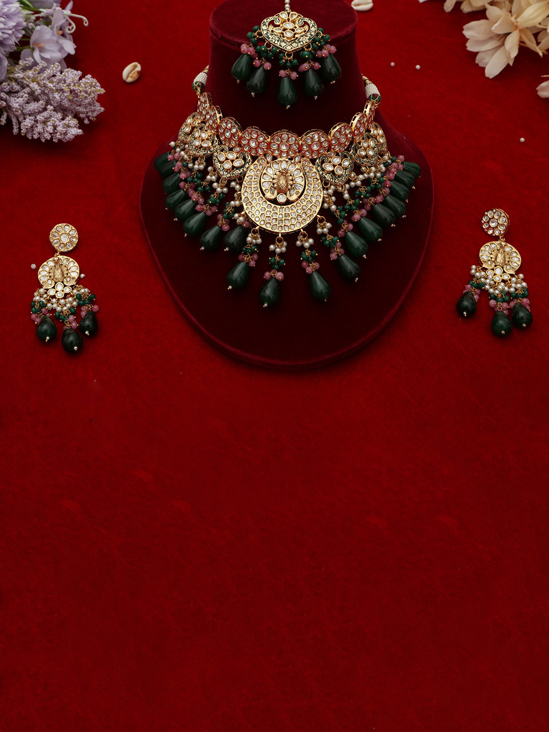 Chaandi Rivaaz Gold-Plated Kundan-Studded & Pearl Beaded Antique Jewellery Set