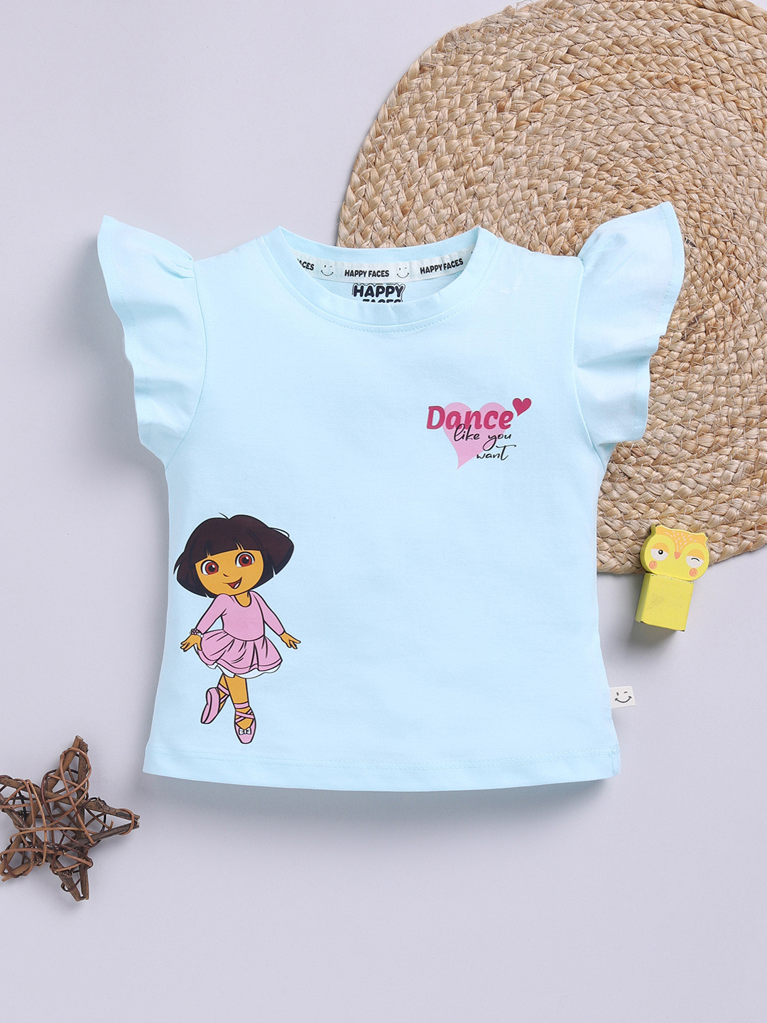 Happy Faces Girls Dora Printed Pure Cotton  Top
