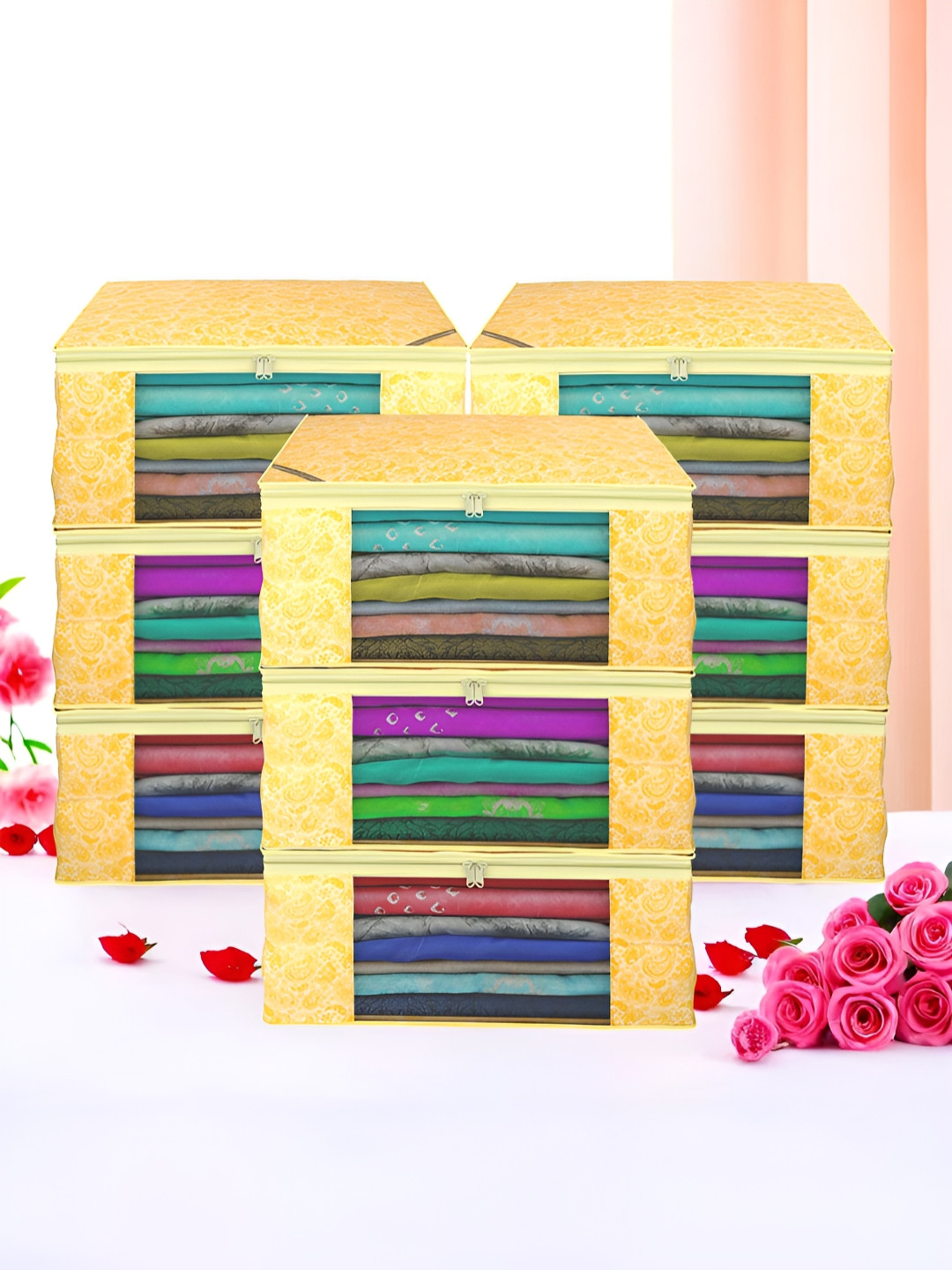 Aura Yellow & Gold Toned 9 Pieces Non-Woven Saree Cover 9 Inch Clothes Bag